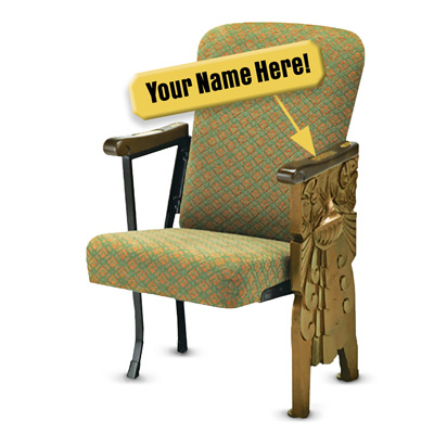 Photo of Warner Grand Theatre seat with "Your Name Here" burst and arrow pointing to nameplate on armrest