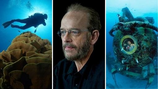 Photos of Dr. Gregory Stone left to right, diving, headshot, and in a vessel exploring the ocean floor