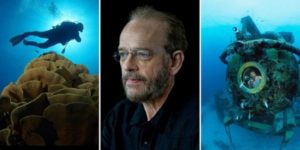 Photos of Dr. Gregory Stone left to right, diving, headshot, and in a vessel exploring the ocean floor
