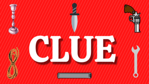Clue, red image with candlestick, knife, gun, rope, pipe and wrench
