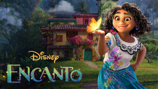Disney Encanton, images shows Mirabel Madrigal holding a gold butterfly in front of the casita.