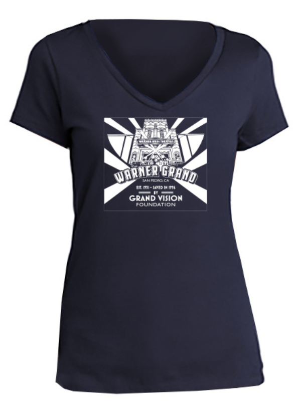 The Warner Grand Theatre t-shirt design, showing the main design on the front of a navy v-neck t-shirt