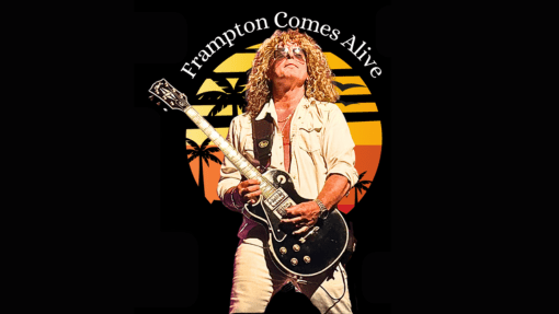 Frampton Comes Alive Promotional Image, A man plays guitar standing in front of a sunset graphic