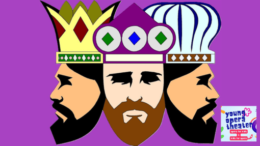 Amahl The Night Visitors poster with Young Opera Theater logo (three kings on a purple background)